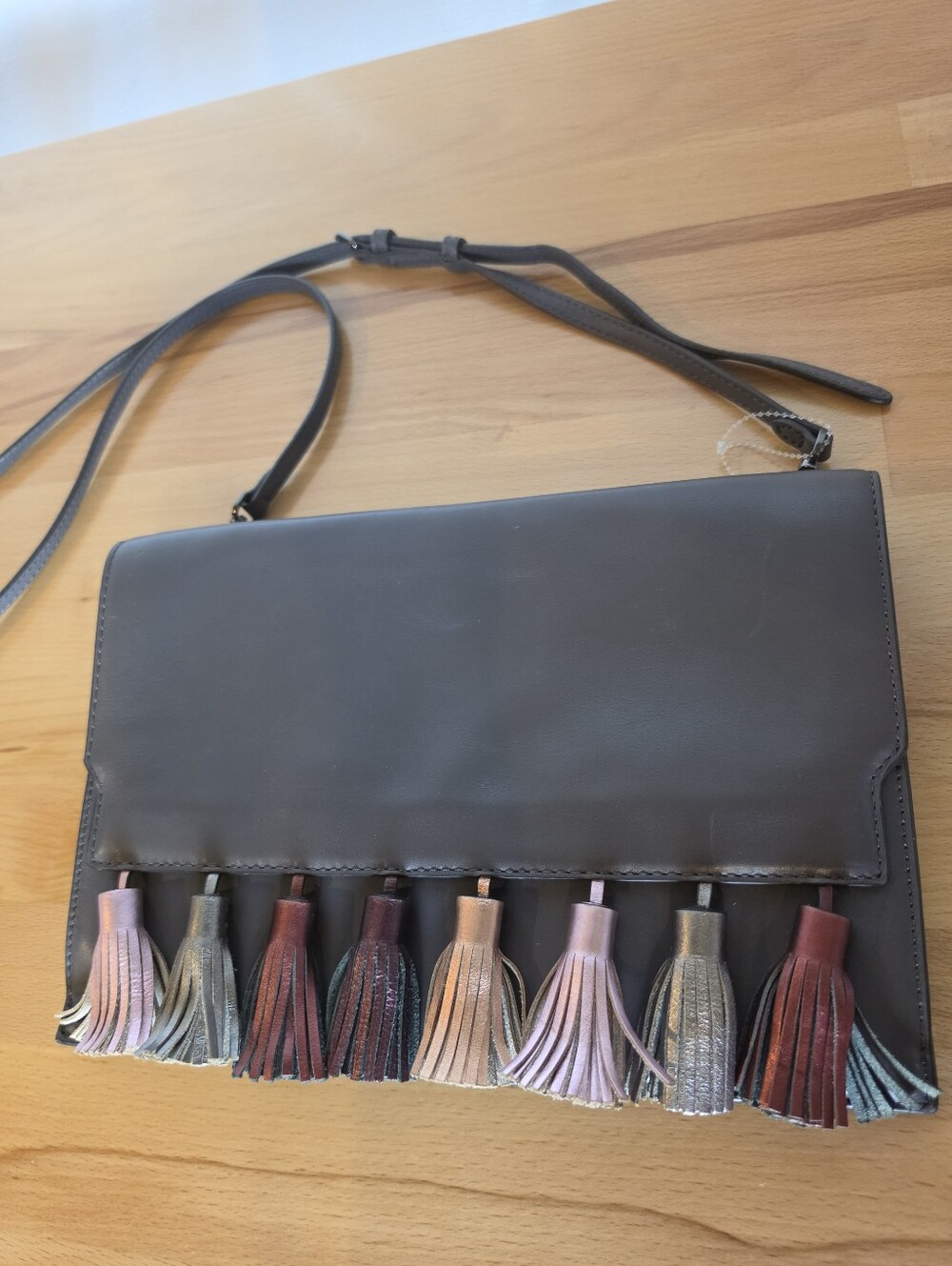 Rebecca Minkoff Sofia Leather Tassel Crossbody Clutch Bag Gunmetal Gray Boho